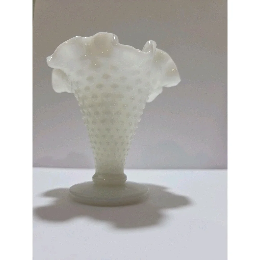 Vintage Fenton Milk Glass Hobnail Trumpet Vase Ruffled Fluted Rim White